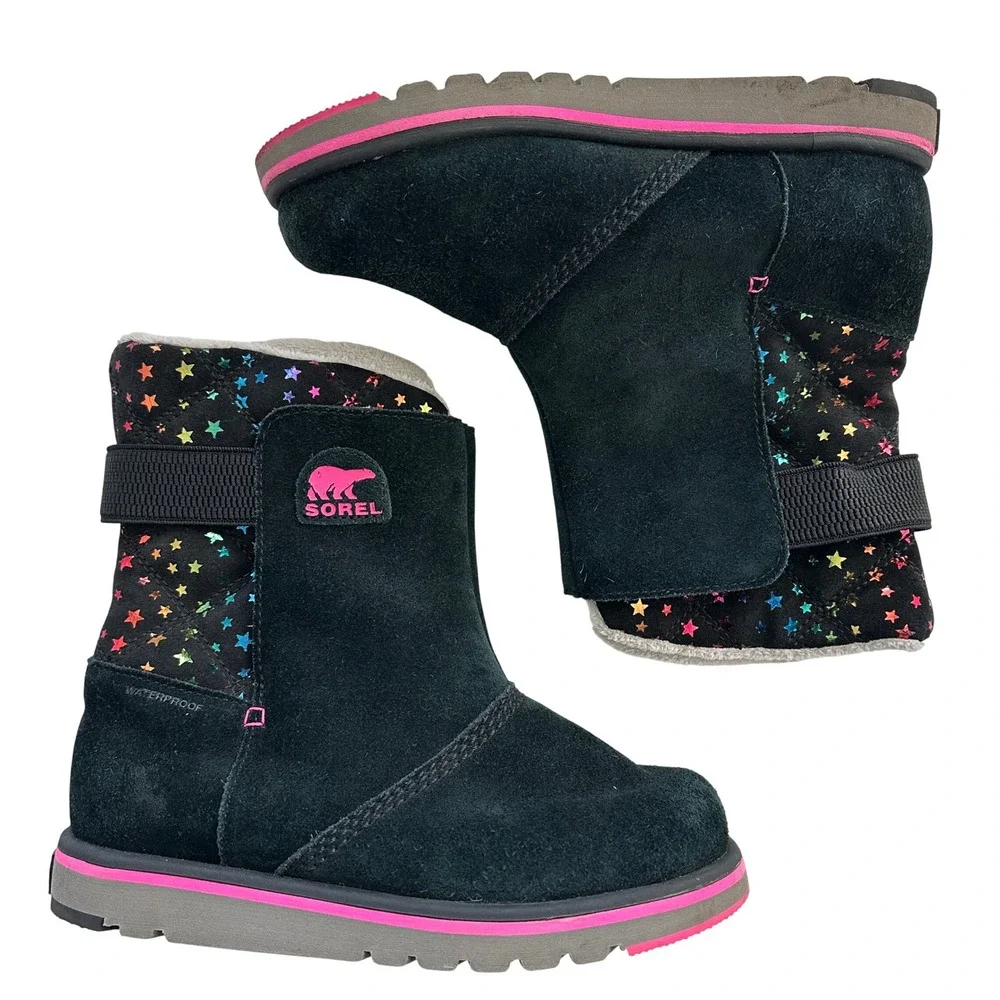 Sorel Youth Rylee Boot Winter Snow Boots Black Suede Rainbow Stars Size 4